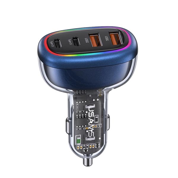 USAMS US-CC169 C34 PD30W+QC3.0 120W 4-port Transparent Car Fast Charger with Colorful Lights