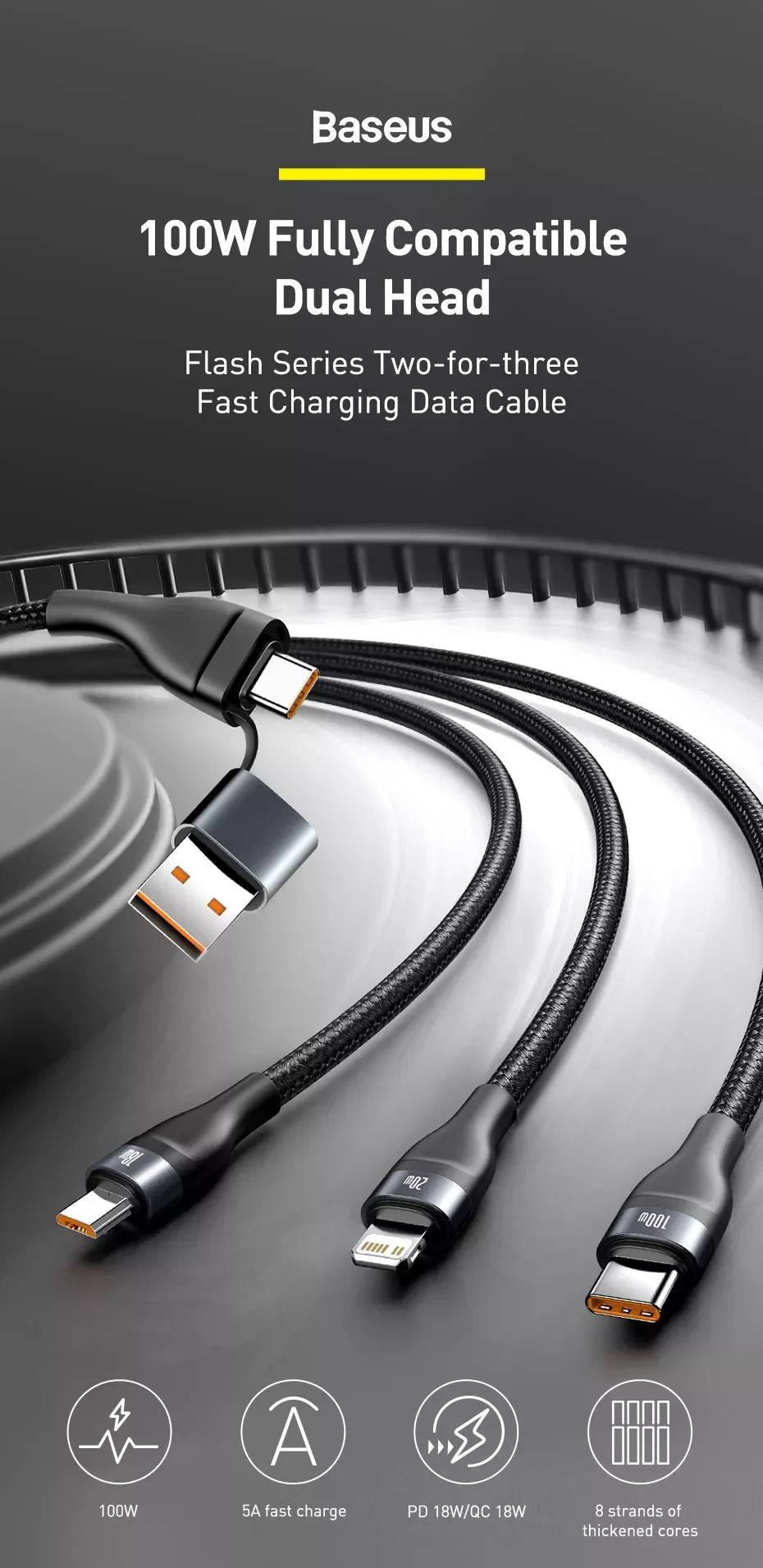 Baseus Flash Series Two-for-three Fast Charging 100W Data Cable 1.2m (CA2T3-07) – Red