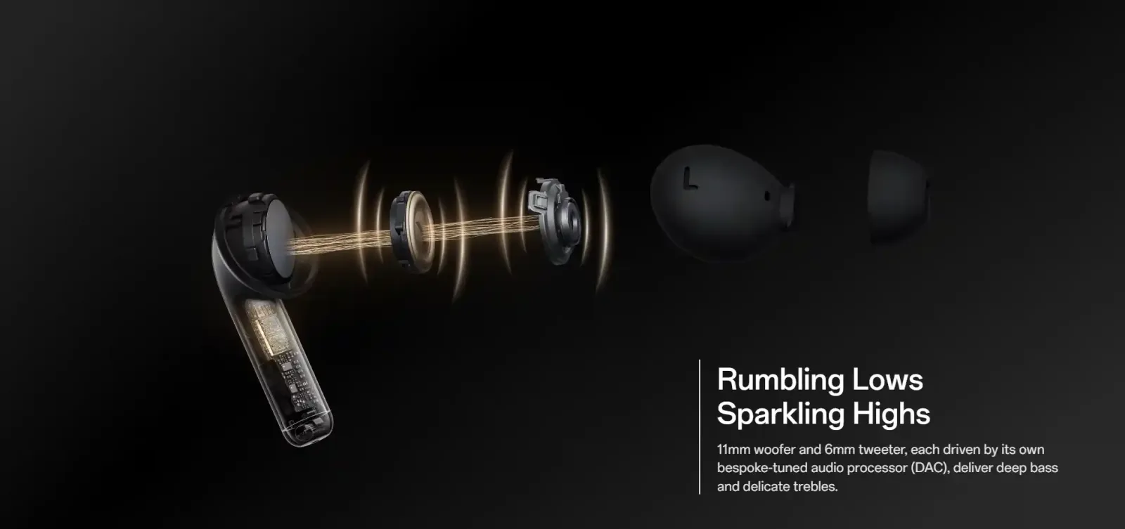 The earbuds offer up to 50dB of adaptive active noise cancellation, intelligently adjusting to your environment for optimal noise reduction.