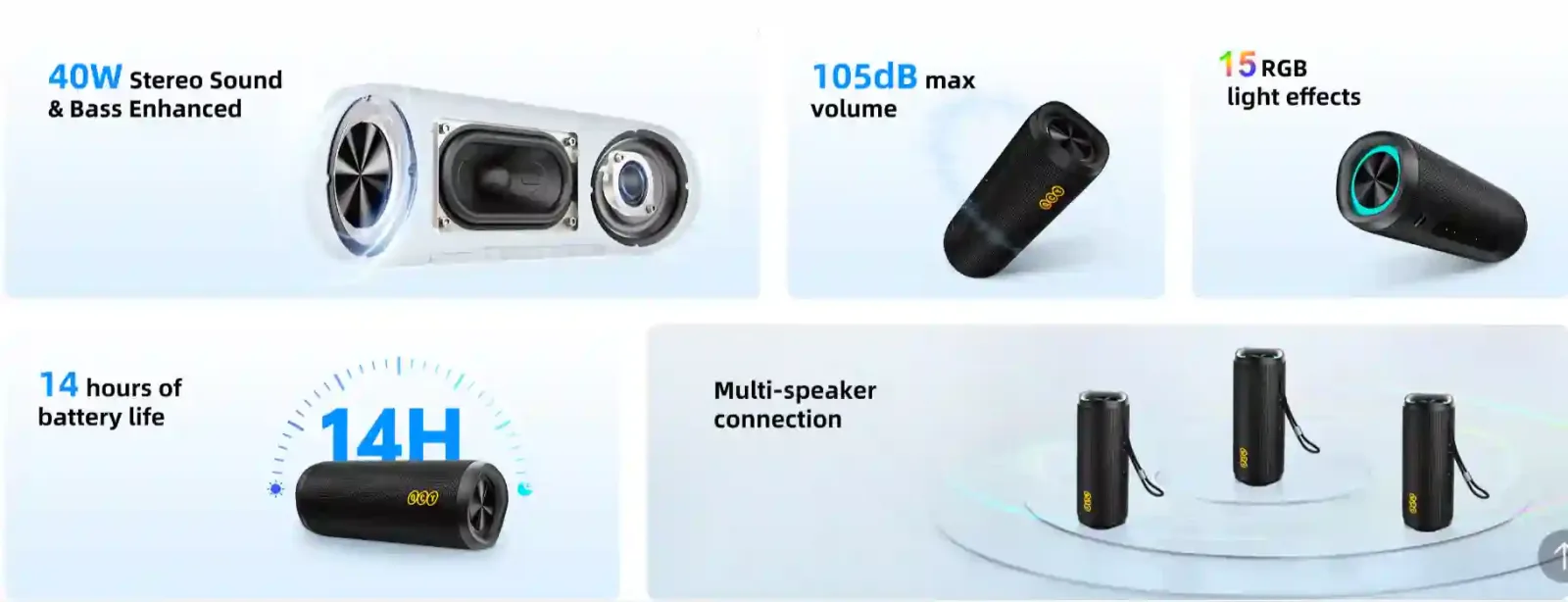 The QCY SP7 Bluetooth Speaker is a powerhouse of sound and style, designed for music lovers who crave high-quality audio and vibrant visuals.