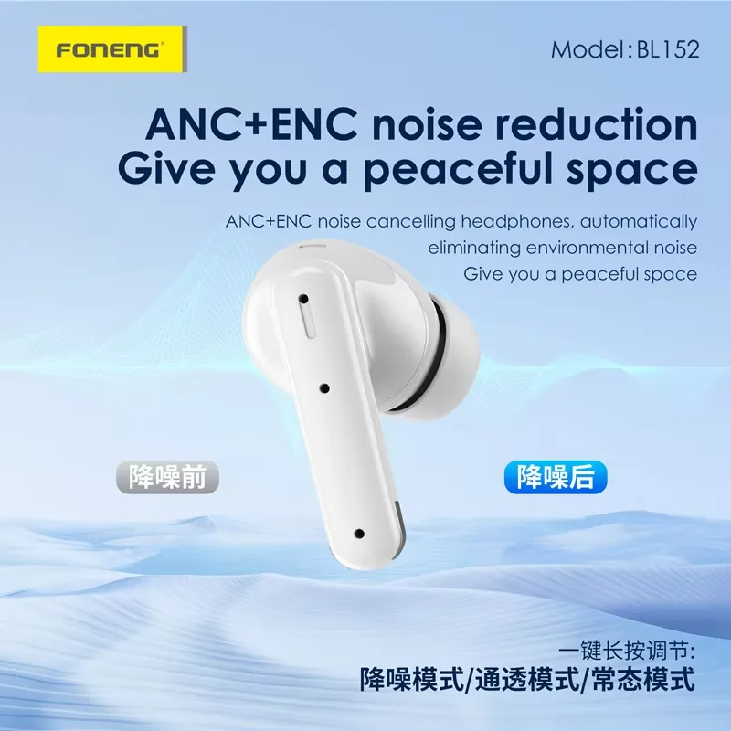 FONENG New High Quality BL152 Real ANC + ENC Tws Earphones Dual Noise Canceling HD Call Low Latency Wireless In-ear Headphones