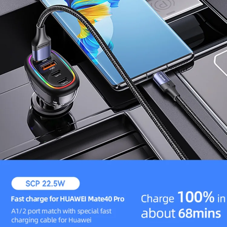 USAMS US-CC169 C34 PD30W+QC3.0 120W 4-port Transparent Car Fast Charger with Colorful Lights(Blue) - B5