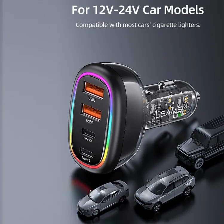 USAMS US-CC169 C34 PD30W+QC3.0 120W 4-port Transparent Car Fast Charger with Colorful Lights(Blue) - B7
