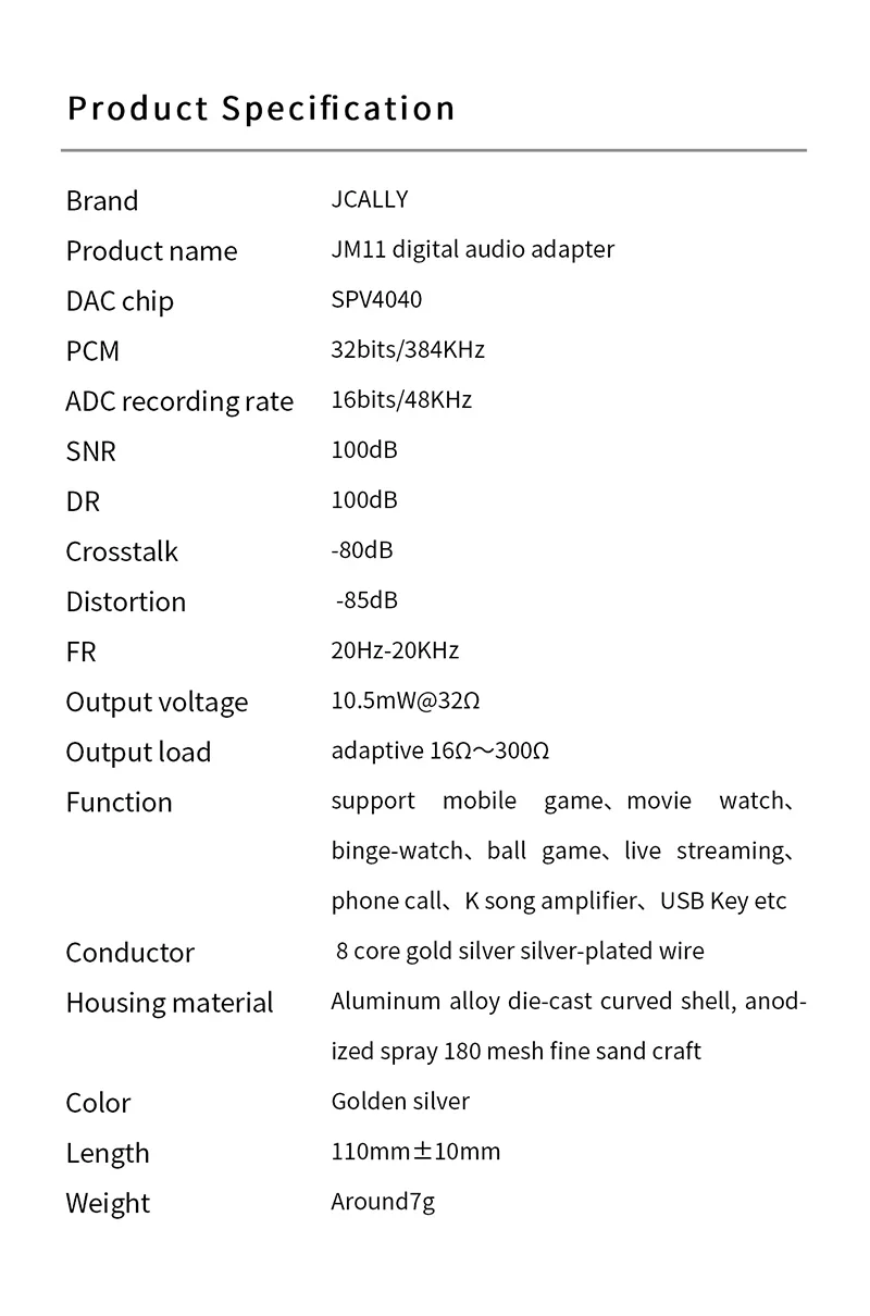 JCALLY JM11 Digital Audio Adapter TYPE-C To 3.5mm