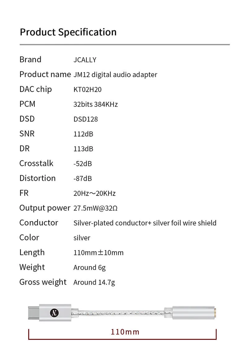 JCALLY JM12 Type C to 3.5mm HiFi DAC Chip Audio Adapter